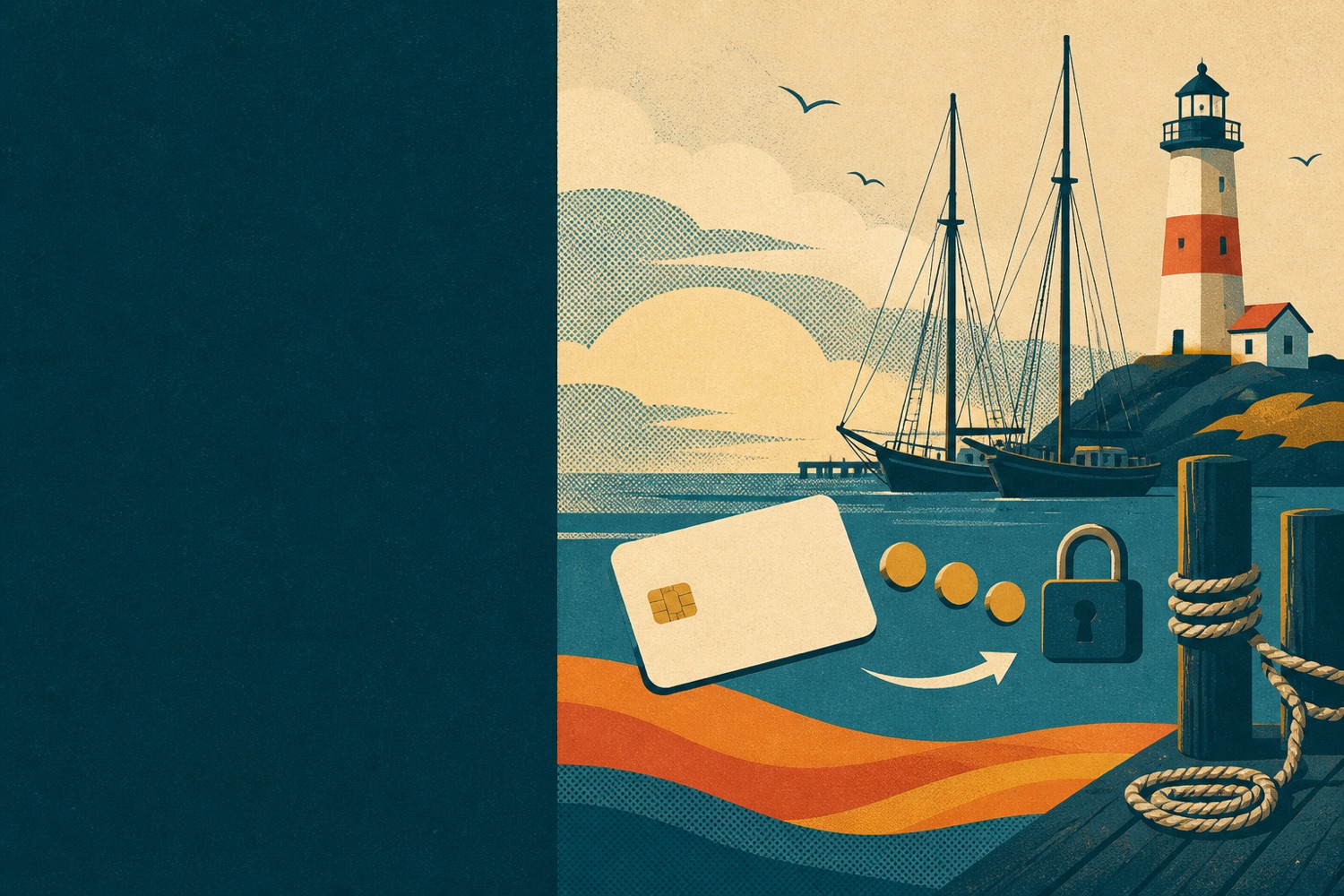 Screenprint illustration of a harbour lighthouse with a bank card and coins