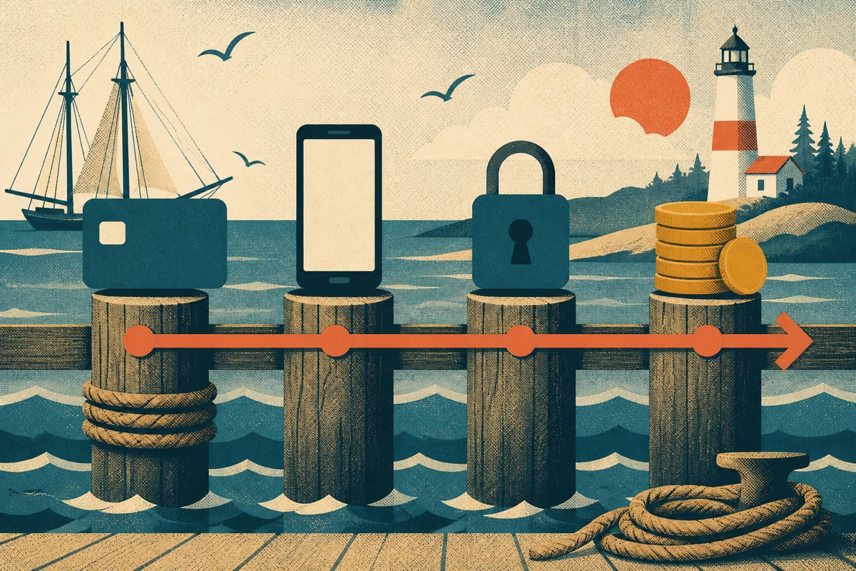 A pier drawn as a four-step payment flow with card, phone, padlock and coins