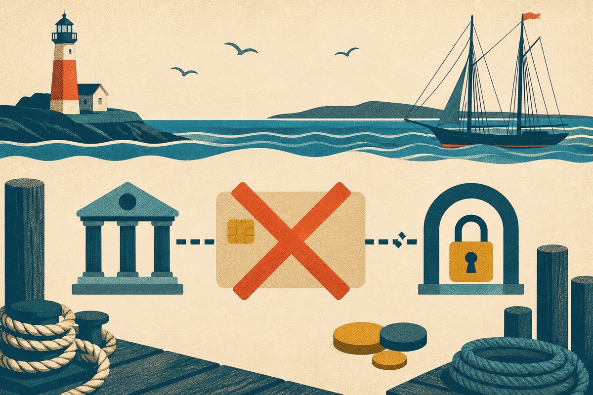 A bank card crossed by a coral bar, illustrating a declined payment