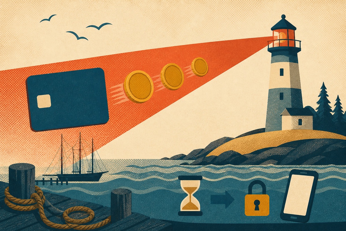 A lighthouse beam carrying coins toward a bank card